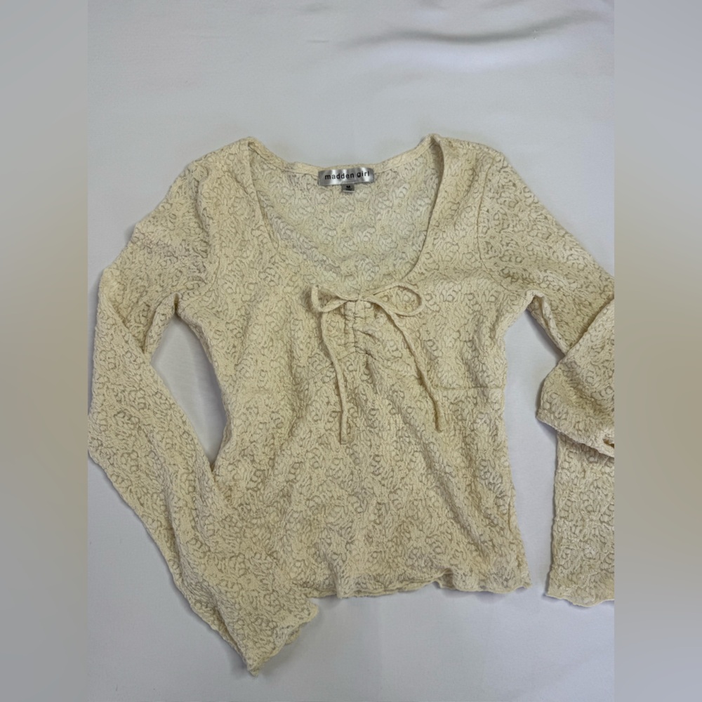 Madden Girl Cream Lace Tie Front Flared Sleeve Top